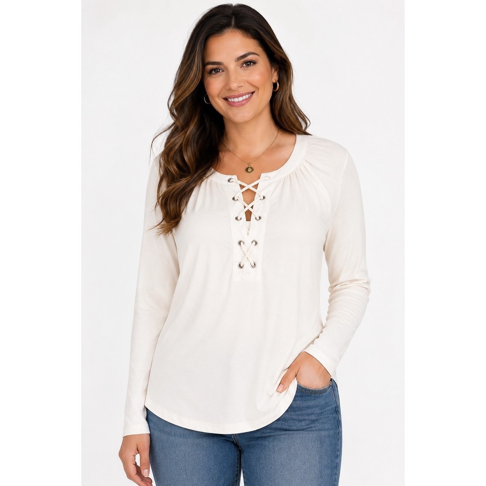 CHAPS Womens Petite XL Tops Beige Long Sleeve Shirt Lace Up Collar Blouse Boho‎